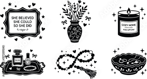 Black and white mystical spiritual items with inspirational quote and cozy candle illustrations