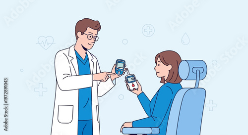 Doctor shows patient how to use glucose meter for diabetes management