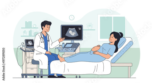 Doctor shows pregnant woman ultrasound scan of baby on screen during medical checkup