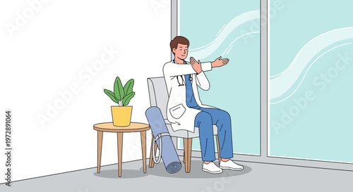 Doctor stretching in office chair, yoga mat nearby, promoting wellness and self-care