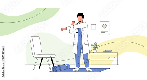 Doctor stretching in office, promoting wellness and healthy lifestyle