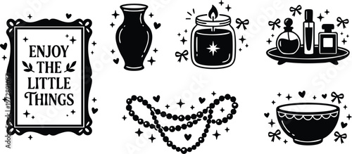 Enjoy the little things framed quote with vase candle bowl and jewelry flat vector art