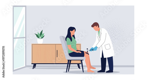 Doctor testing patient's knee reflex with reflex hammer in clinic