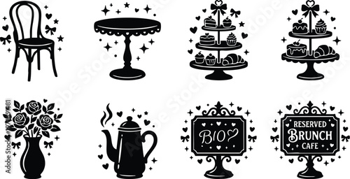 Black and white vintage cake stand rose vase coffee pot and brunch cafe signs vector art