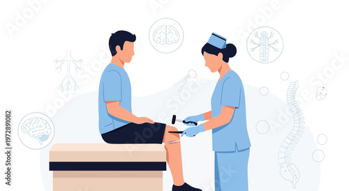 Doctor testing patient's knee reflex with reflex hammer, medical examination