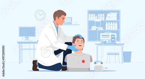 Doctor training CPR on dummy in clinic, medical education, life saving skills
