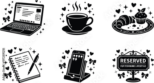 Laptop coffee and breakfast items with stationery and reserved sign