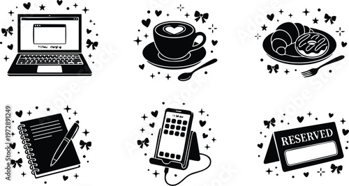 Black and white vector set of laptop coffee breakfast notebook phone and reserved card