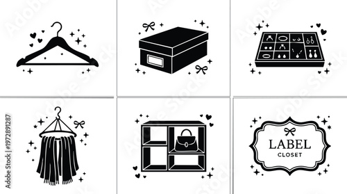 Black and white closet organization icons with hanger box and jewelry storage label