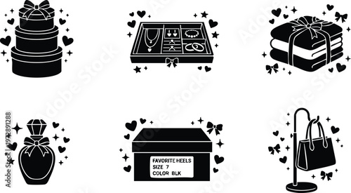 Black and white vector set of gifts and accessories including cake jewelry box and handbag