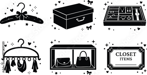 Black and white closet items icon set with hangers jewelry box and handbags