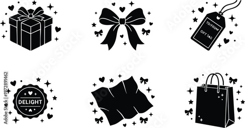 Black gift box bow tag delight seal and shopping bag vector icons