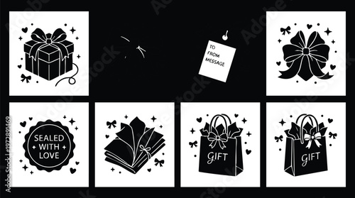 Black and white gift bag present tag sealed with love vector art icons