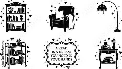 Black and white reading quote with bookshelf chair lamp and side table vector art