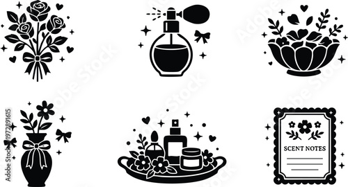 Black and white elegant floral perfume and scent icon set with roses and bottles