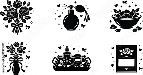 Black and white rose bouquet perfume bottle spa petals flat vector art