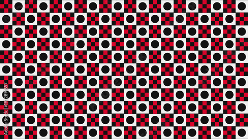 Checkered Pattern: A visually captivating and bold pattern of red, black, and white squares and circles creates a sense of dynamism.