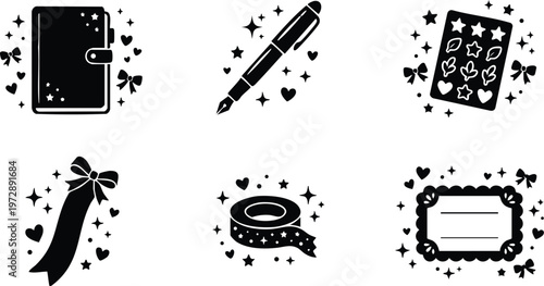 Black and white magical stationery icons with bows hearts and sparkles vector art set