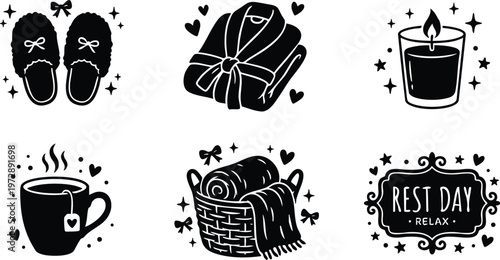 Black and white rest day relax text with candle slippers tea and blankets vector art