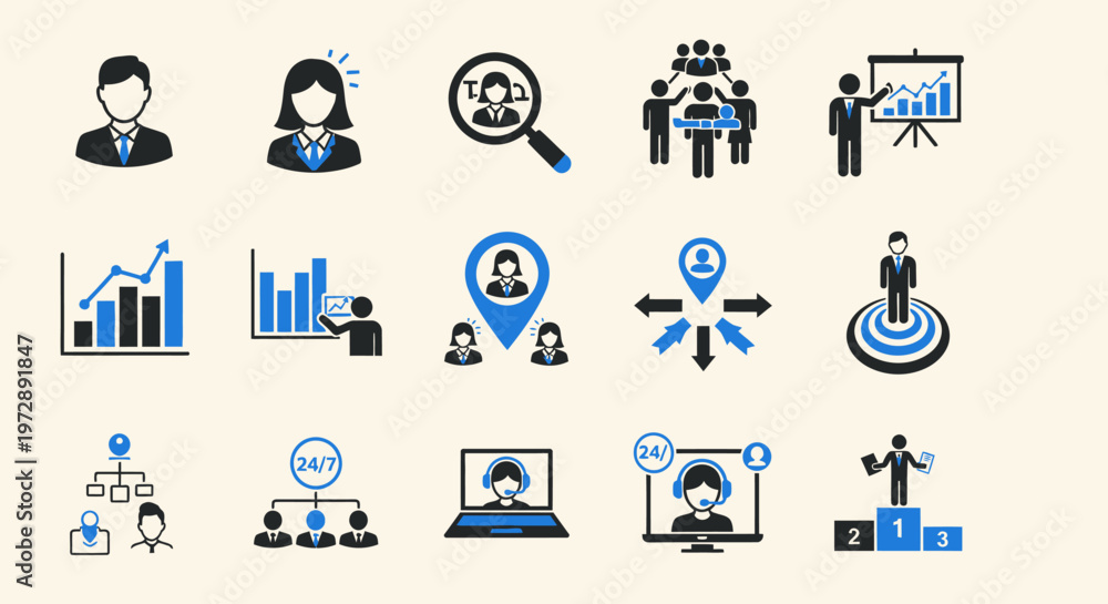 Fototapeta premium Business and HR icon set featuring recruitment, customer support, team management, data analytics, and performance tracking symbols. Modern vector illustrations for corporate design.