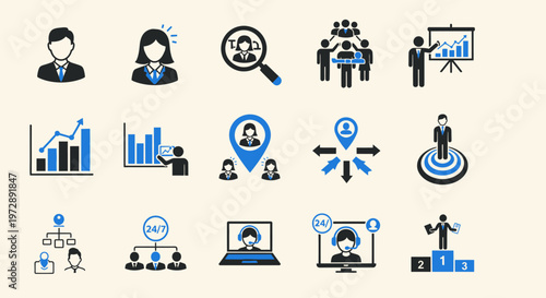 Business and HR icon set featuring recruitment, customer support, team management, data analytics, and performance tracking symbols. Modern vector illustrations for corporate design.