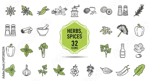 32 Herbs and Spices Icon Set, Minimalist Line Art Vector Illustrations of Kitchen Ingredients, Seasonings, Condiments, and Cooking Tools for Food Design and Web Graphics