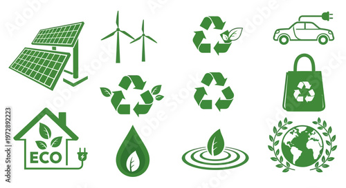 Ecology and Renewable Energy Icon Set: Sustainable Symbols for Solar Power, Wind Turbines, Electric Vehicles, and Recycling