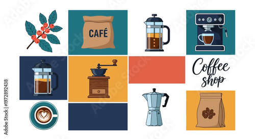 Coffee Shop Elements Illustration Set with Brewing Equipment, Espresso Machine, Beans, and French Press Icons