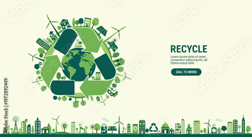 Green Recycle Symbol Around Globe with Sustainability Icons for Renewable Energy, Eco-Friendly City and Environmental Conservation Concept Landing Page Template