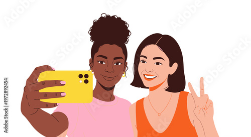Two Diverse Young Women Taking a Selfie with a Smartphone, Flat Vector Illustration of Best Friends Capturing a Moment for Social Media