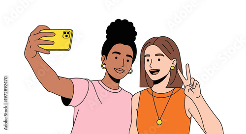 Two Diverse Young Women Taking a Selfie Together, Flat Vector Illustration of Best Friends Smiling and Posing for Phone Camera, Social Media and Technology Concept