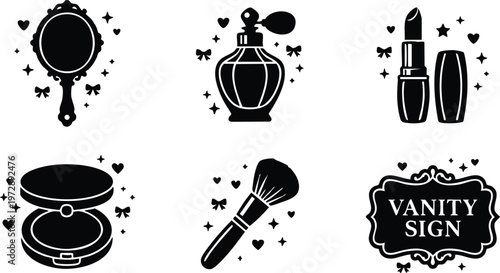 Black and white vintage vanity sign with makeup brushes mirror and lipstick vector art