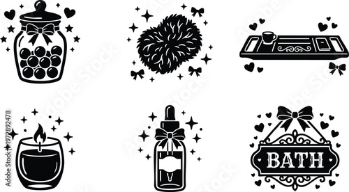 Black and white bath set with jar sponge tray candle oil and bath sign vector art