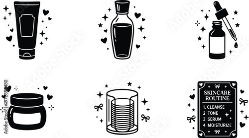 Black and white skincare skincare routine icons with cream lotion serum and cotton pads