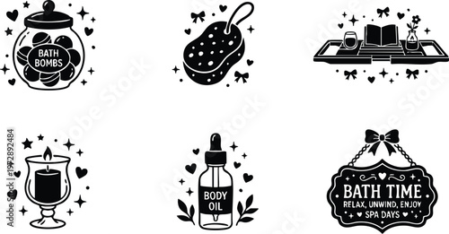 Black and white bath bombs candle sponge body oil and bath time sign vector art