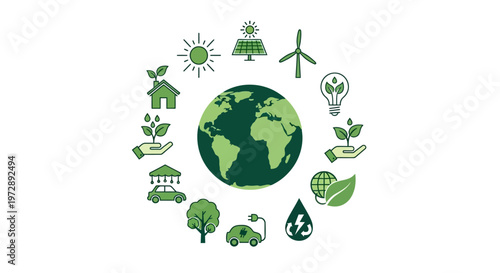Global Sustainability and Renewable Energy Concept with Green Icons Encircling Planet Earth for Eco-Friendly, ESG, and Environmental Conservation Themes