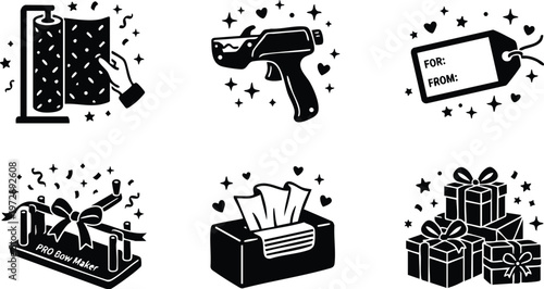 Black and white gift wrapping tools with pro bow maker tissue box and gift tags vector art