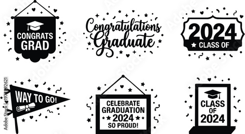 Black and white graduation class of 2024 congratulation banner and pennant vector art