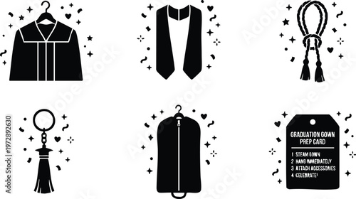 Black silhouette graduation gown robe stole tassel and prep card vector art