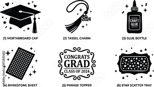 Congrats grad class of 2024 phrase topper with mortarboard cap tassel and craft glue bottle icons