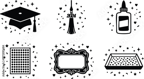 Black silhouette graduation cap 2024 tassel glue bottle glue board and decorative frame icons