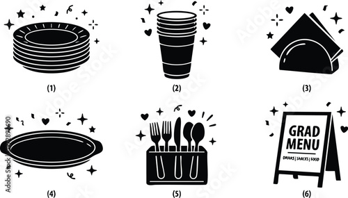 Black silhouette icons of plates cups cutlery and grad menu sign vector art