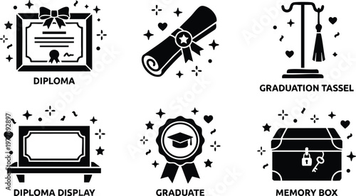 Black and white vector art graduation diploma certificate scroll memory box and tassel icons