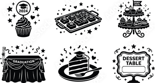 Black and white graduation 2024 dessert cupcake cake and celebration vector art