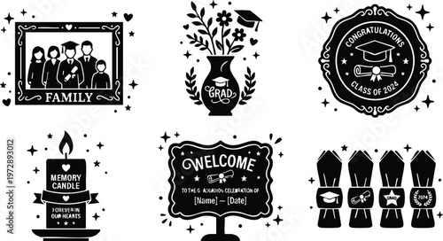 Black and white family graduation frame with cap and diploma icons