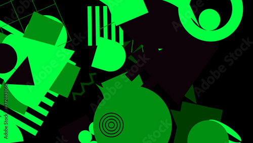 Geometric Green Shapes Abstract: Dynamic composition of bold, neon green shapes colliding on a black backdrop, creating a modern and vibrant abstract artwork.