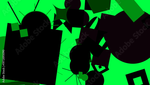 Geometric Silhouette in vibrant:A visually stunning abstract composition of dark silhouettes floats against a vivid green backdrop, showcasing a dynamic interplay of forms and hues.