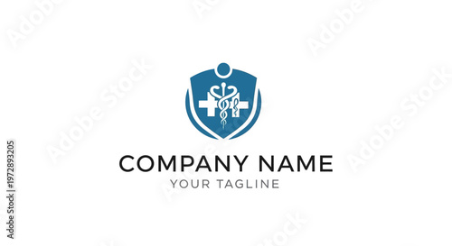 Company logo template with shield and medical symbol.