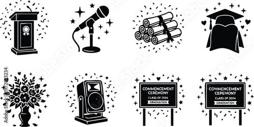 Black and white graduation podium microphone diploma and cap icons with flowers and commencement signs
