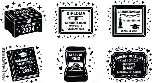 Black and white graduation class of 2024 memory box diploma and ring flat line art